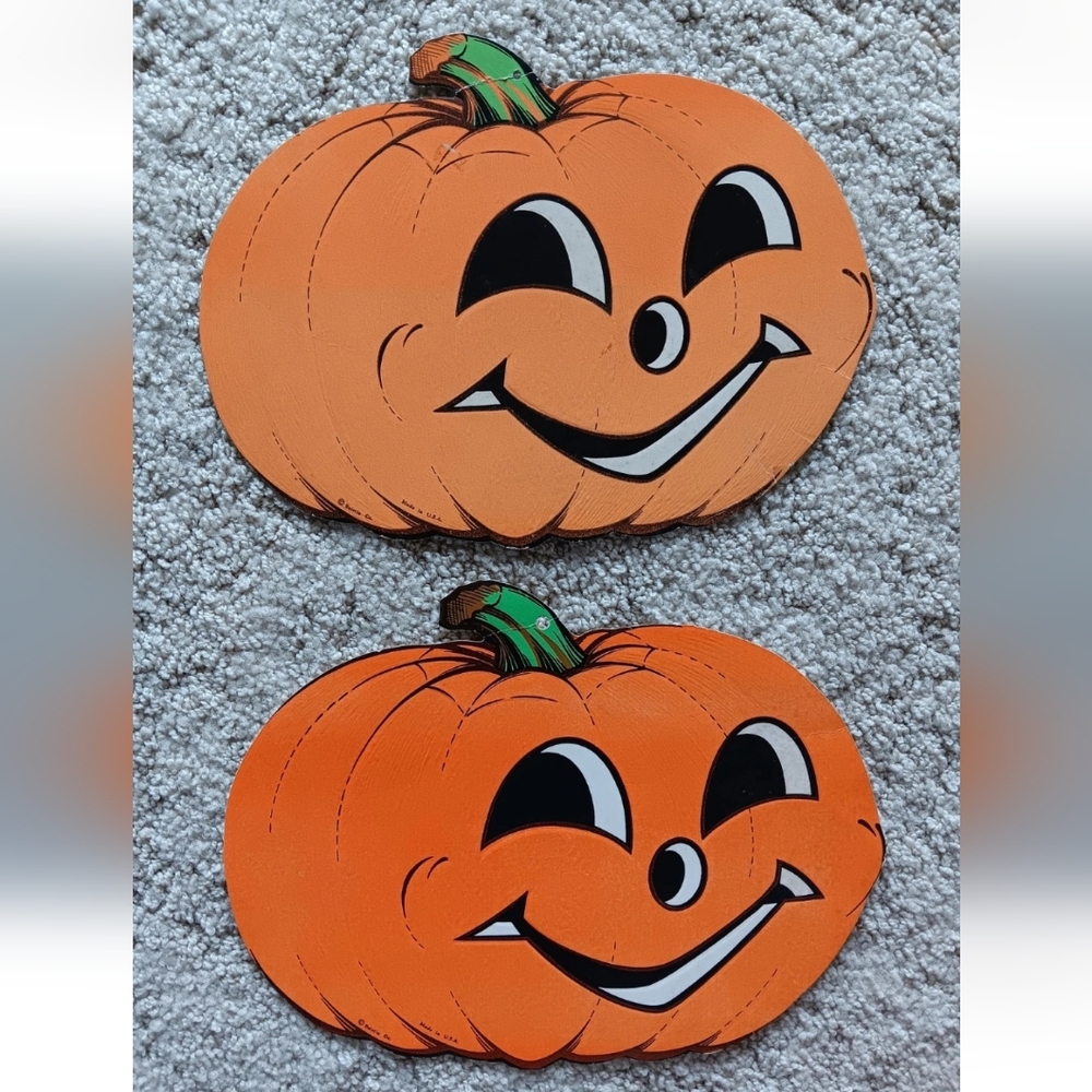 Vintage 1950s Lot Of 2 Beistle Pumpkin Embossed Die Cut Halloween Decor